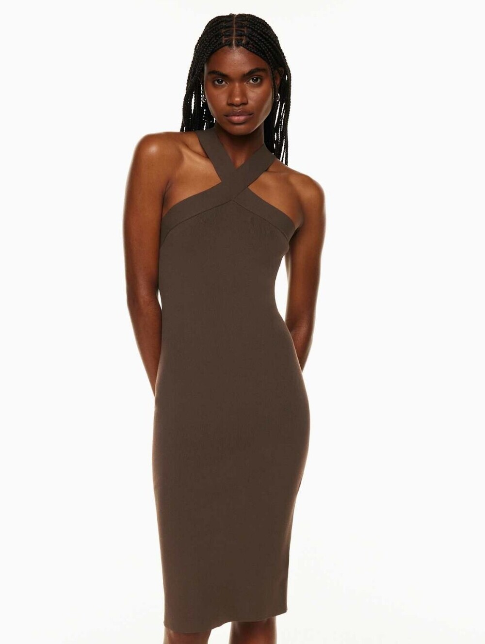 ARITZIA BABATON Tolerate Sculpt Knit Criss Cross Midi Dress Brown Color Size XS